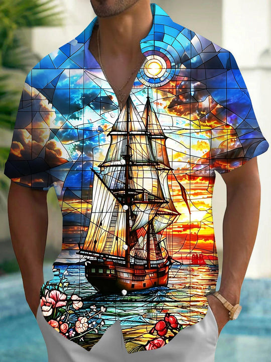 Hawaiian Boat Sunset Men's Pocket Short Sleeve Shirts