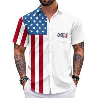 Men's casual tropical short sleeve shirt with American flag print, side view