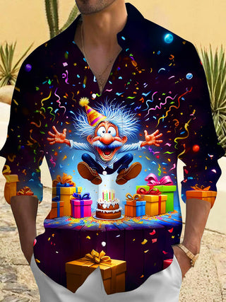 Men's festive ribbon print long sleeve shirt front view