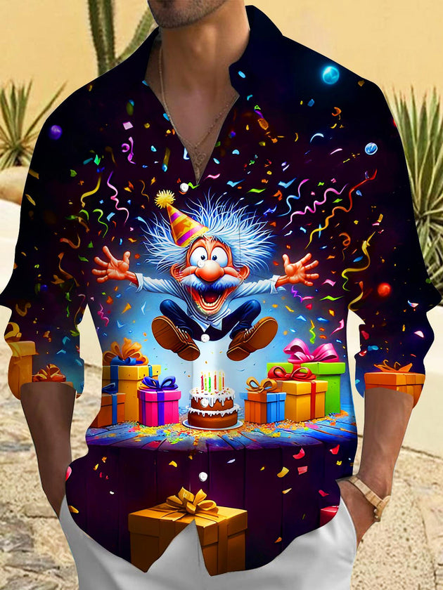 Men's festive ribbon print long sleeve shirt front view
