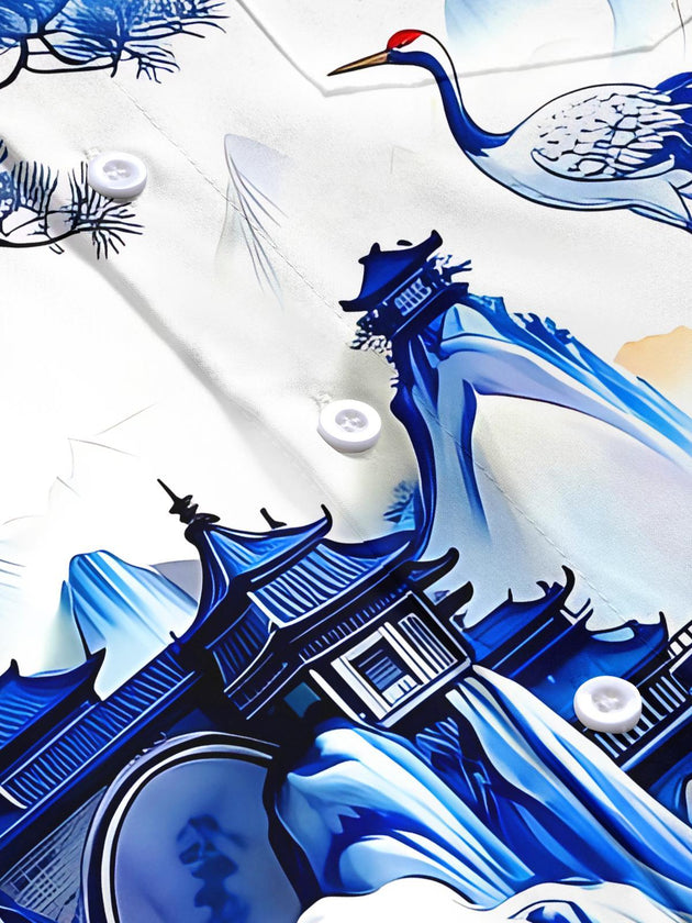 Blue And White Porcelain Landscape Red-crowned Crane Men's Pocket Short Sleeve Shirts