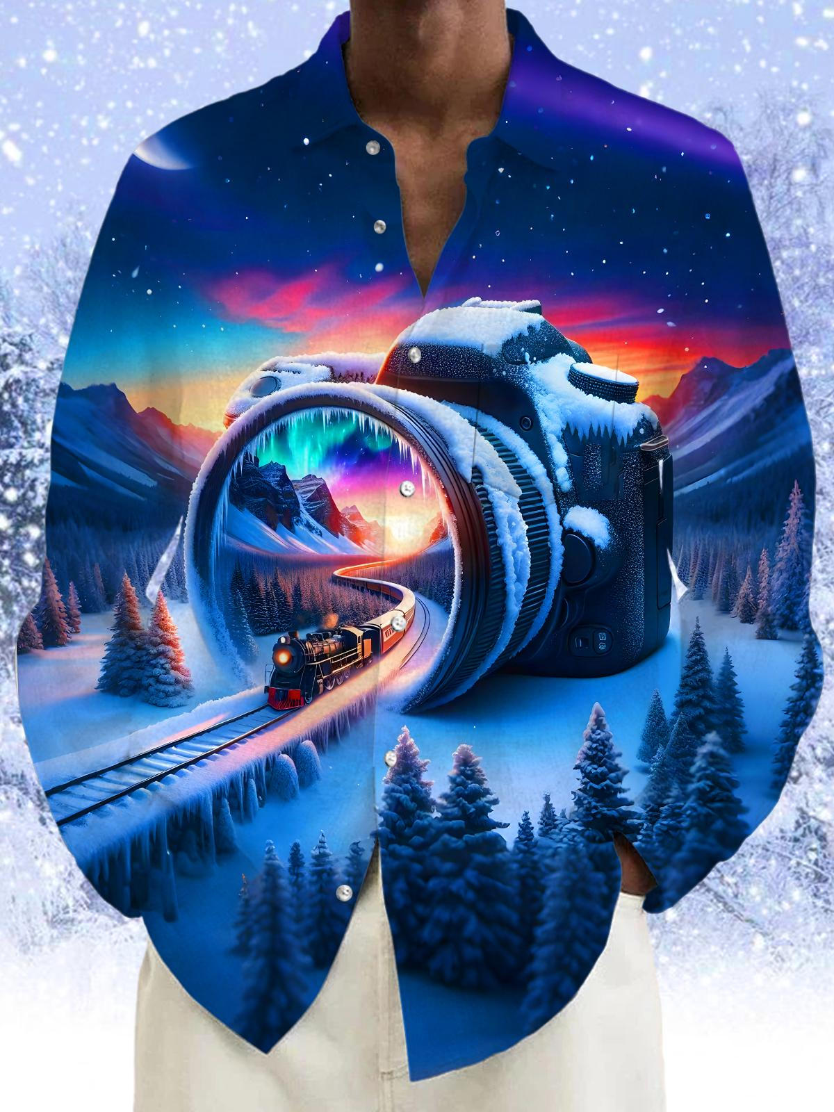 Winter Snow Camera Aurora Train Men's Pocket Long Sleeve Shirts