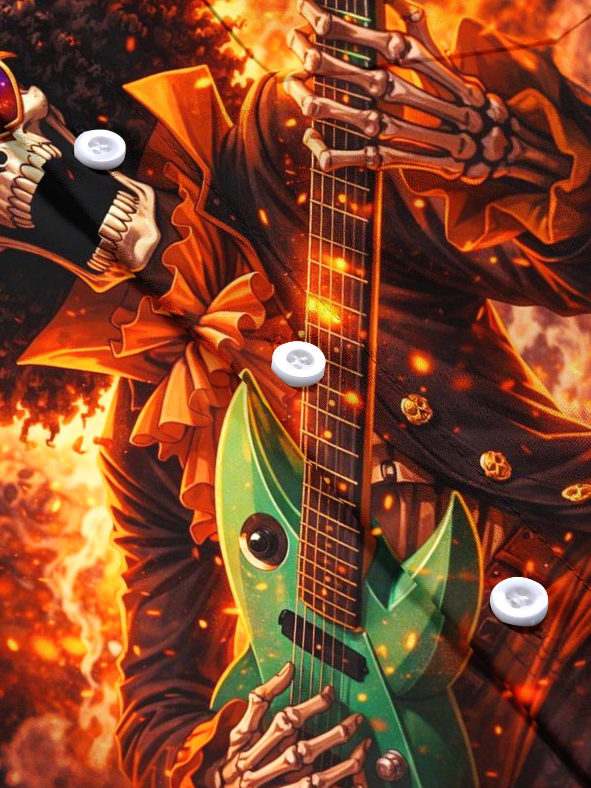 Rock Skull Playing Guitar Print Men's Pocket Short Sleeve Shirts