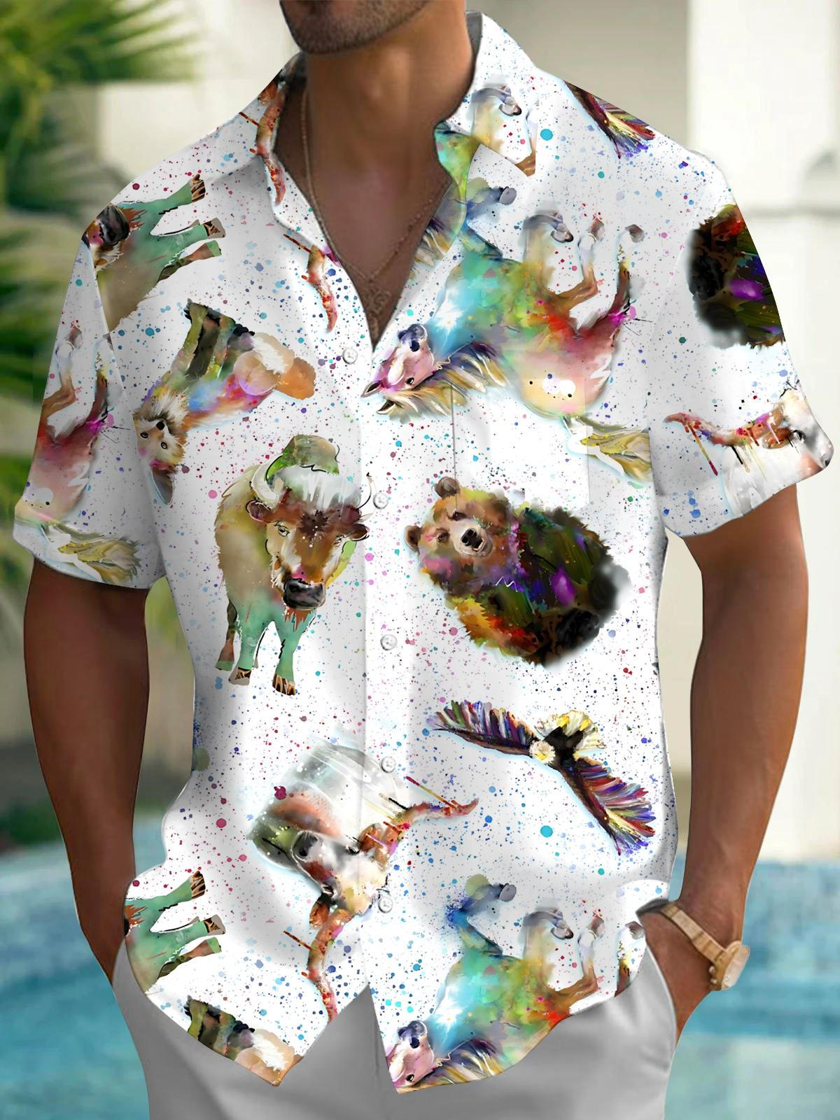 Animal Print Men's Pocket Short Sleeve Shirts