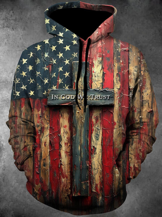 Men's red white blue American flag print long sleeve hooded pullover front view Independence Day