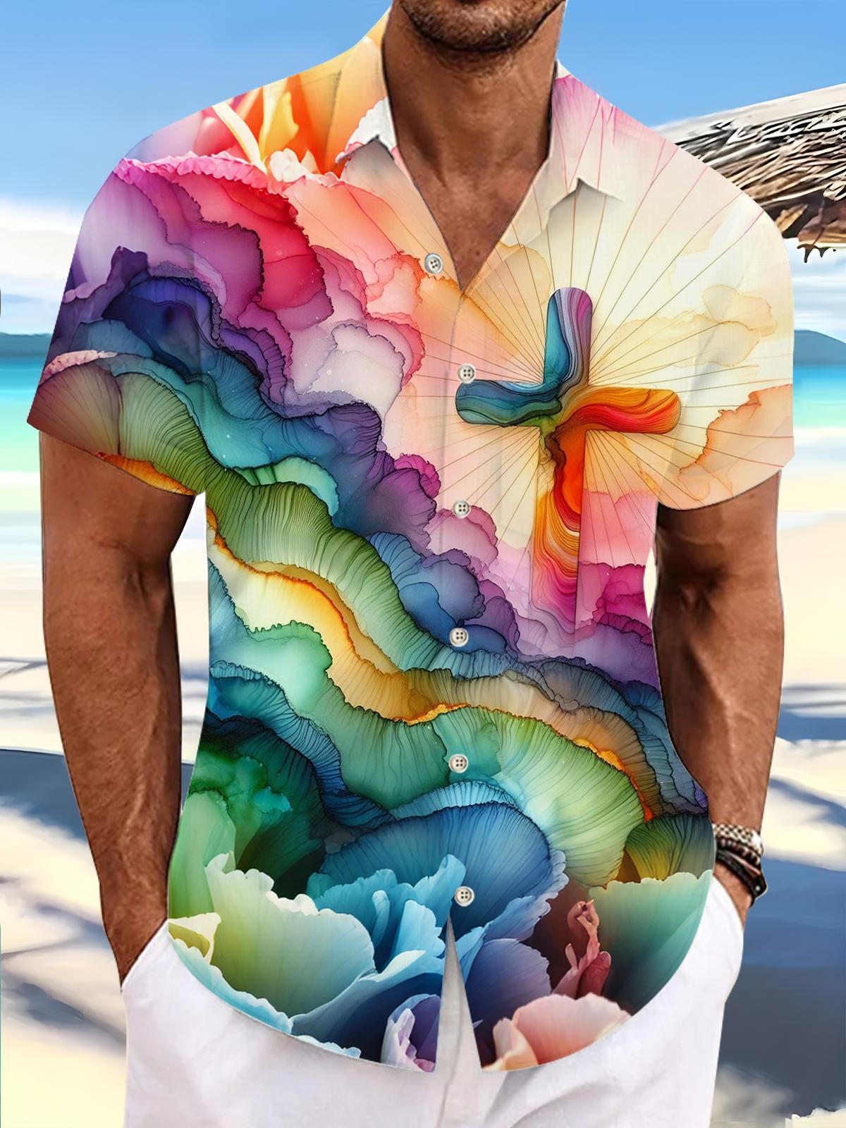 Gradient Cross Print Men's Pocket Short Sleeve Shirts