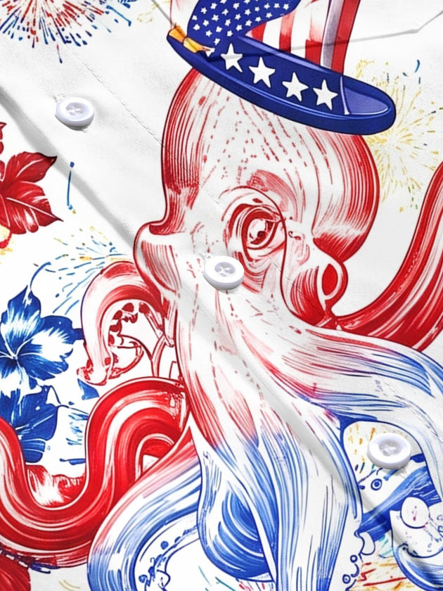 American Flag Octopus Firework Independence Day Men's Pocket Short Sleeve Shirts