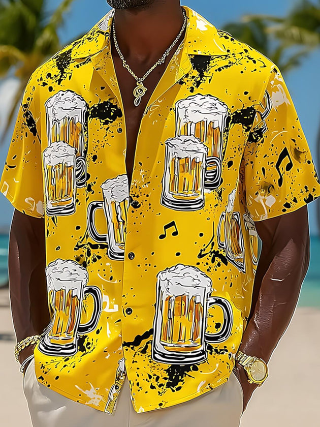 Beer Print Men's Pocket Cuban Collar Short Sleeve Shirt