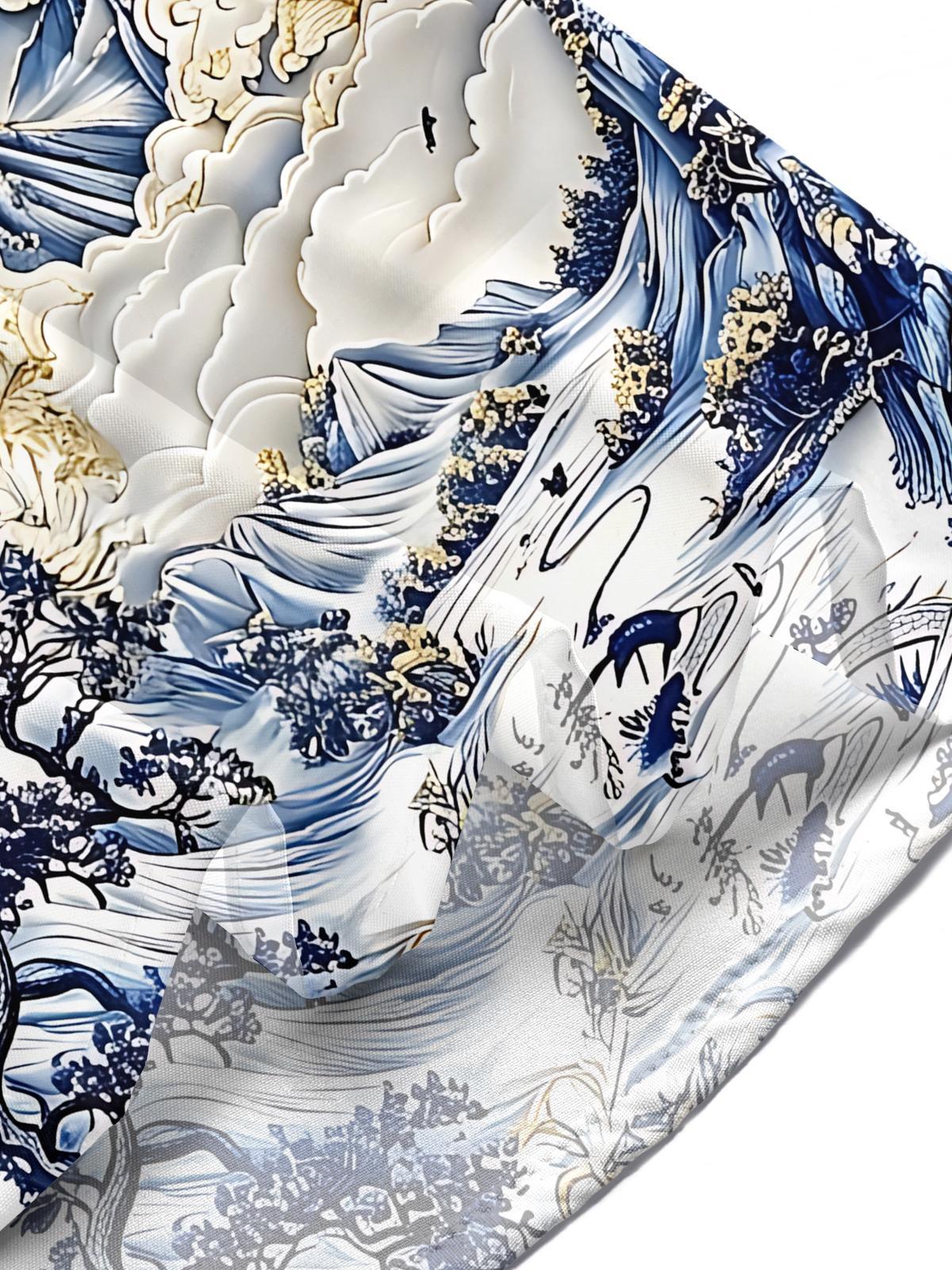 Art Landscape Blue And White Porcelain Mountains Flowers And Birds Men's Pocket Short Sleeve Shirts