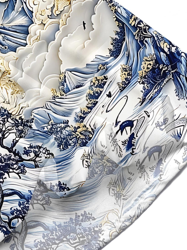 Art Landscape Blue And White Porcelain Mountains Flowers And Birds Men's Pocket Short Sleeve Shirts