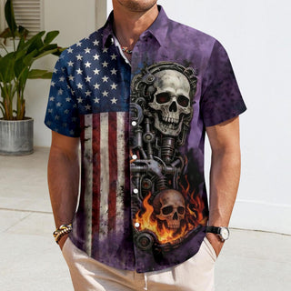 Men's short sleeve American flag Hawaiian shirt front view casual tropical vacation Independence Day lifestyle