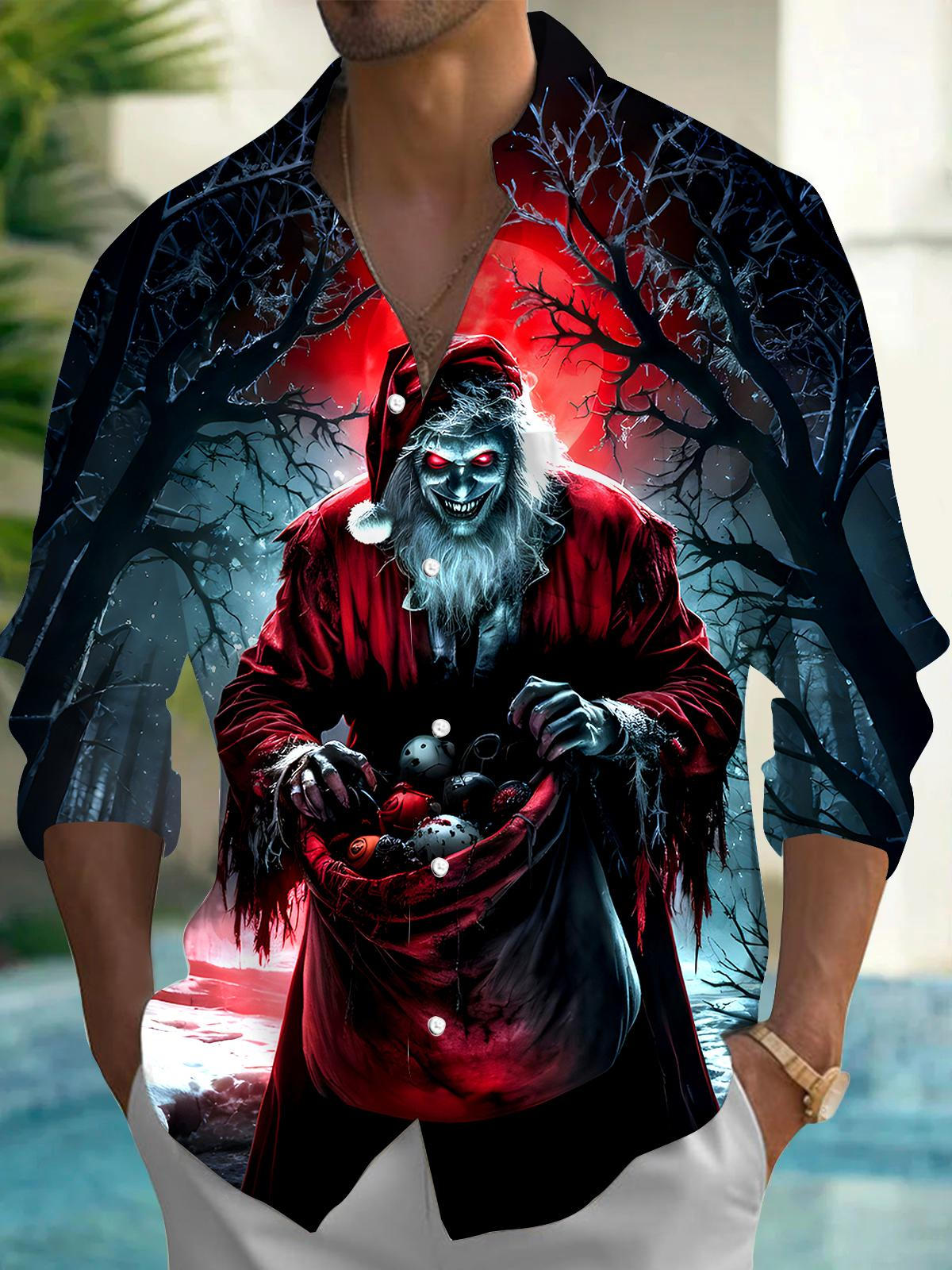 Santa Claus Skull Men's Pocket Long Sleeve Shirts