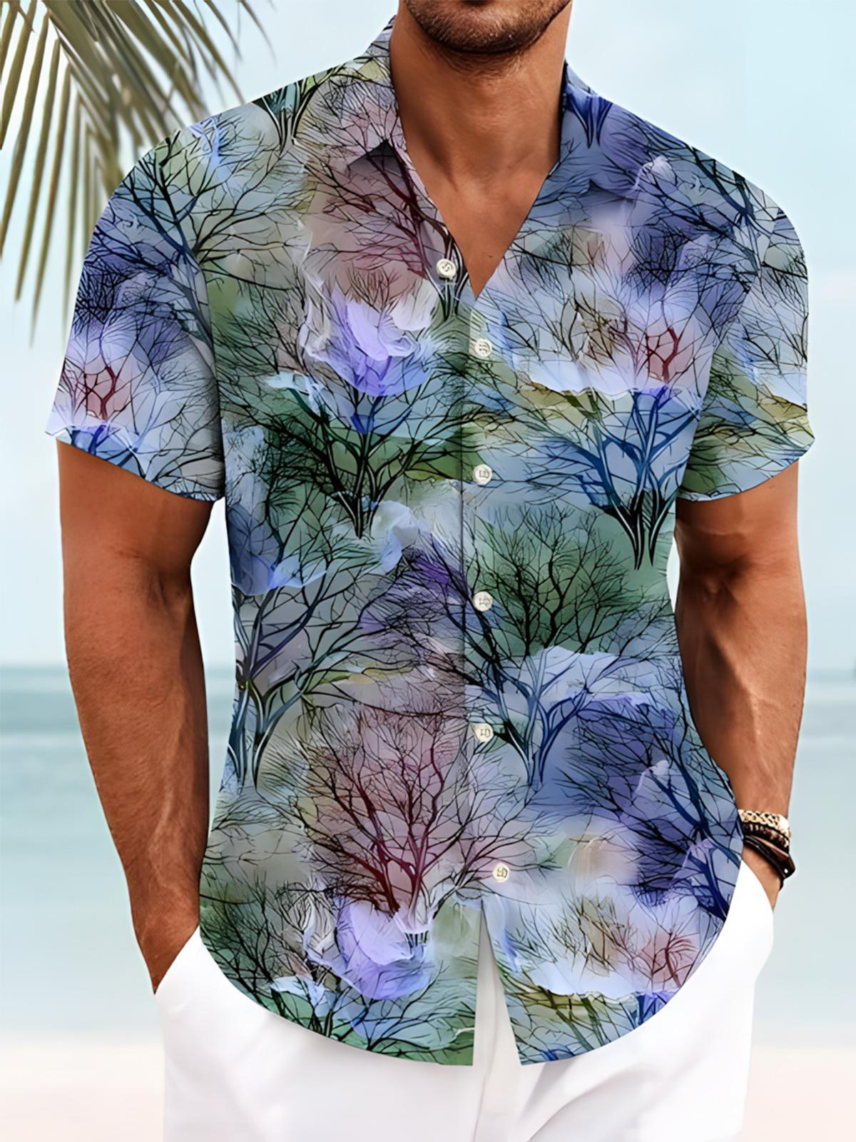 Hawaiian Plant Tree Print Men's Pocket Short Sleeve Shirts