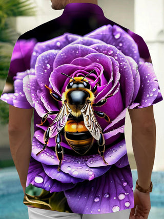 Men's Hawaiian bee floral pocket short sleeve shirt back view