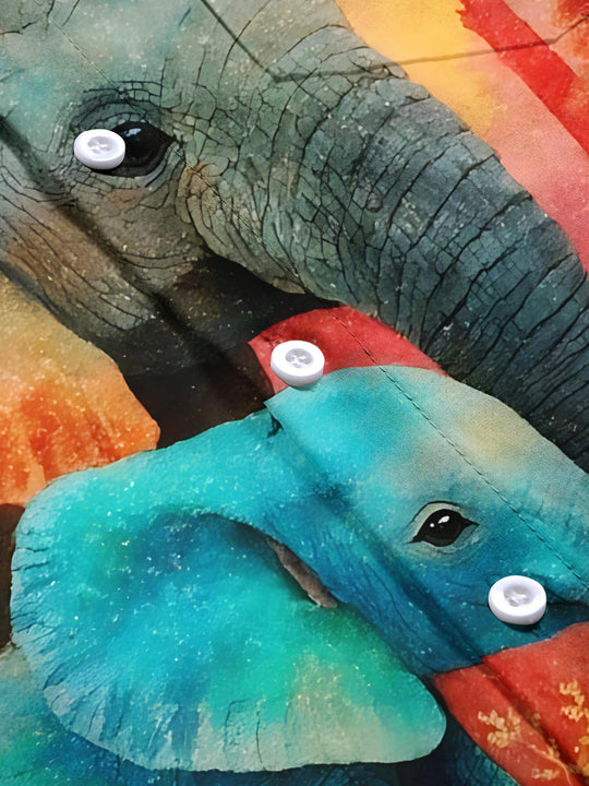 Men's elephant print short sleeve shirt flat lay pattern detail