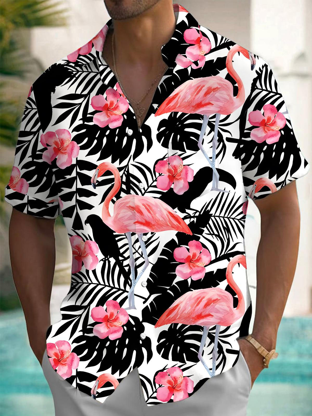 Flamingo Floral Leaves Men's Pocket Short Sleeve Shirts