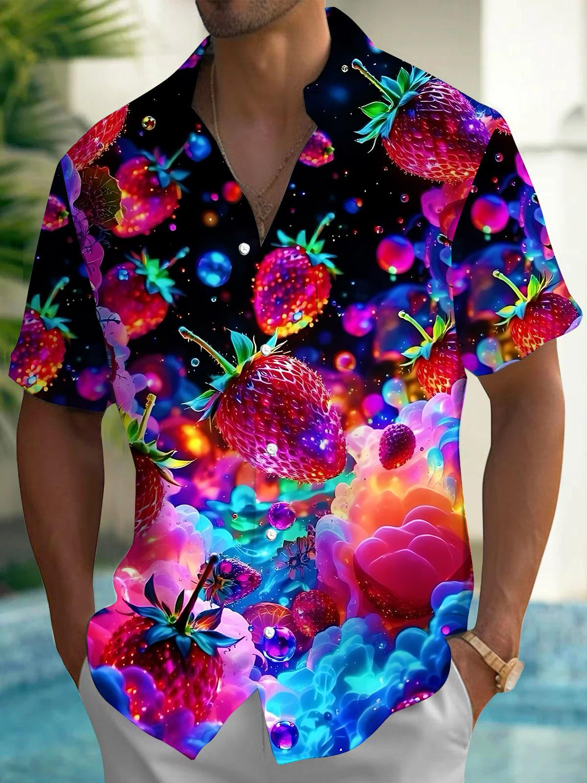 Strawberry Print Men's Pocket Short Sleeve Shirts
