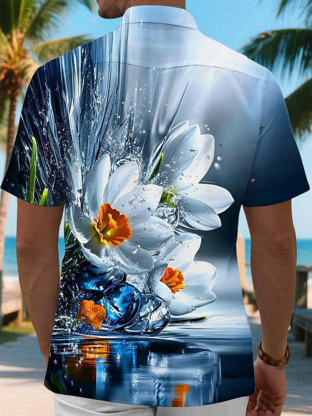 Art Floral Narcissus And Water Splashes Men's Pocket Short Sleeve Shirts