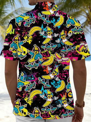 Men's Funny Banana Skateboard Print Pocket Short Sleeve Shirt Back View