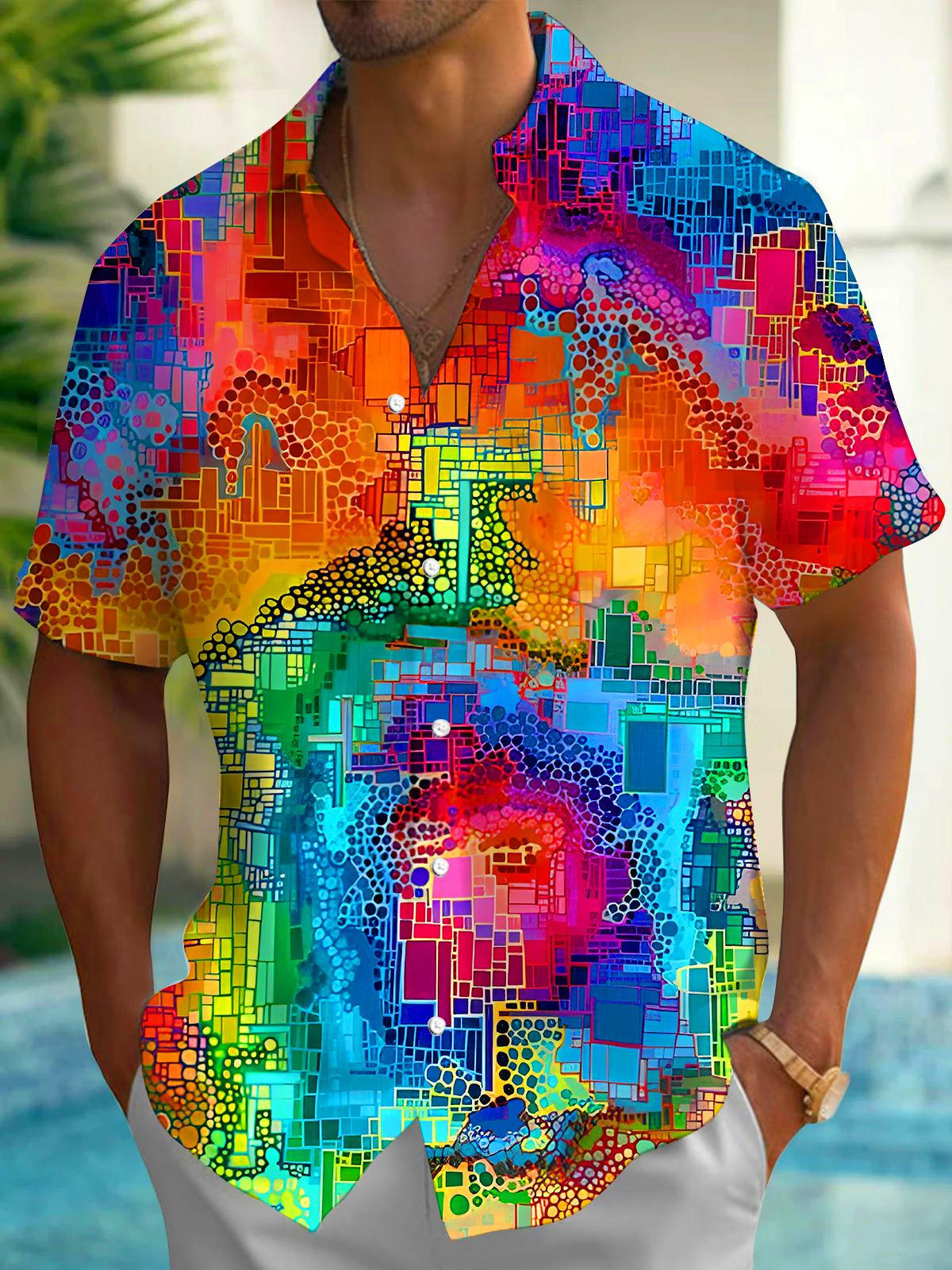 Tie Dye Colorful Geometric Men's Pocket Short Sleeve Shirts