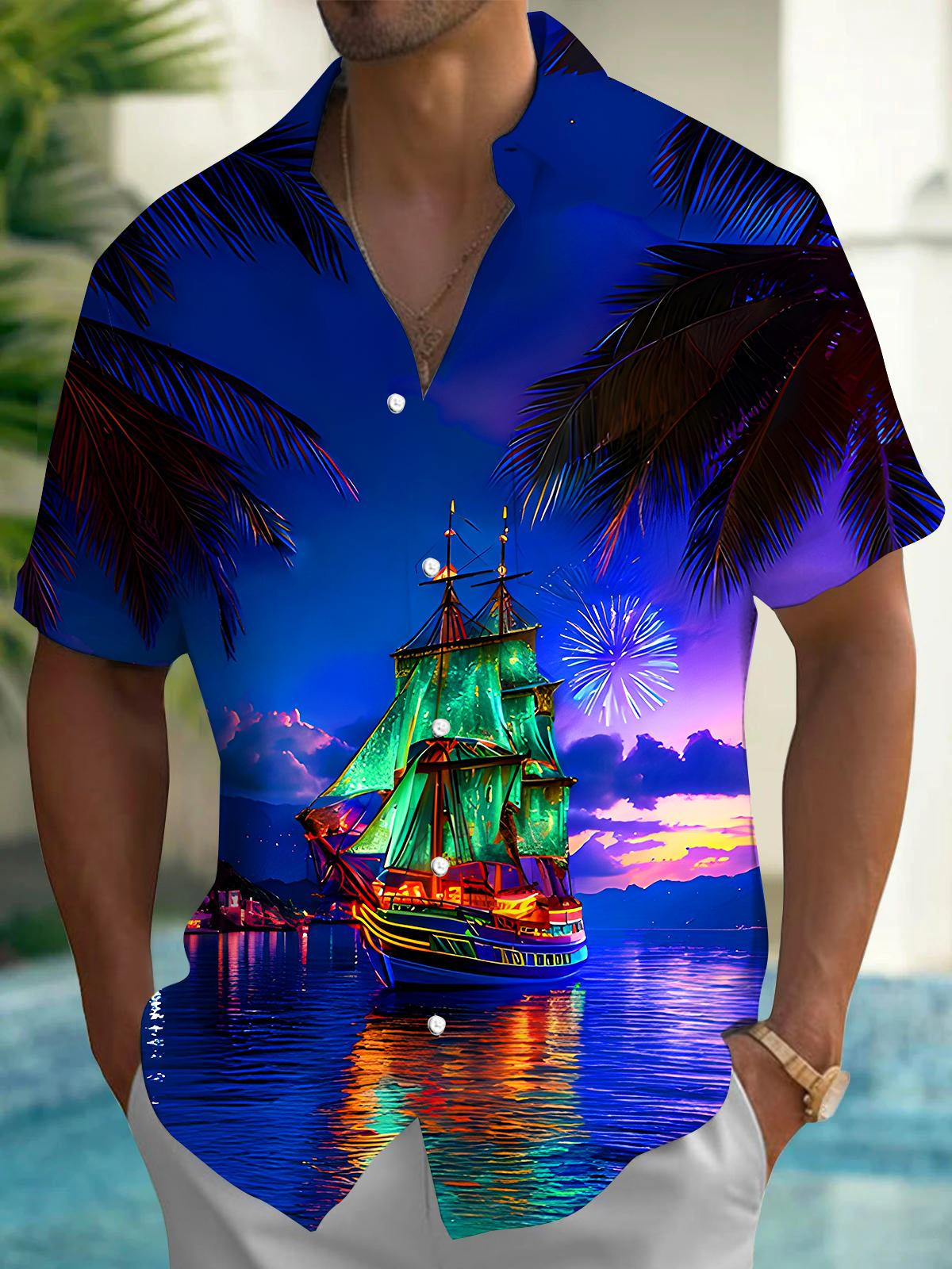 Hawaiian Coconut Tree Boat Men's Pocket Short Sleeve Shirts