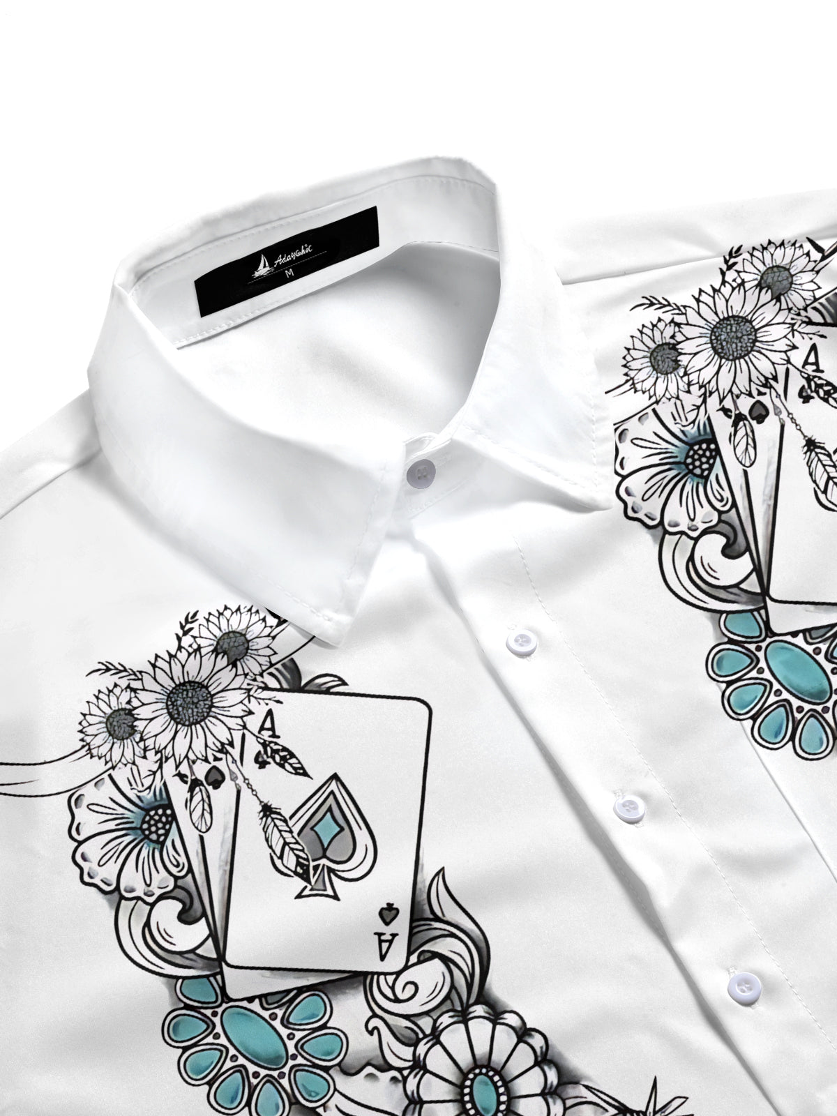 Western Cowboy Flower Playing Card Turquoise Print Men's Pocket Short Sleeve Shirts