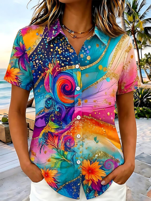 Art Watercolor Colorful Gradient Gold Tropical Abstract Flowers Women's Short Sleeve Shirts