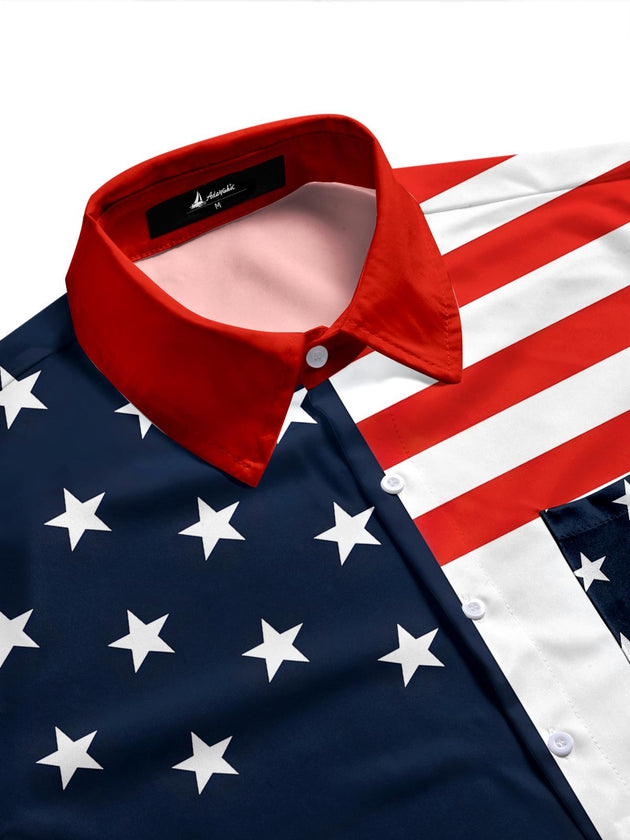 American Stars And Stripes Splicing Independence Day Men's Pocket Short Sleeve Shirts