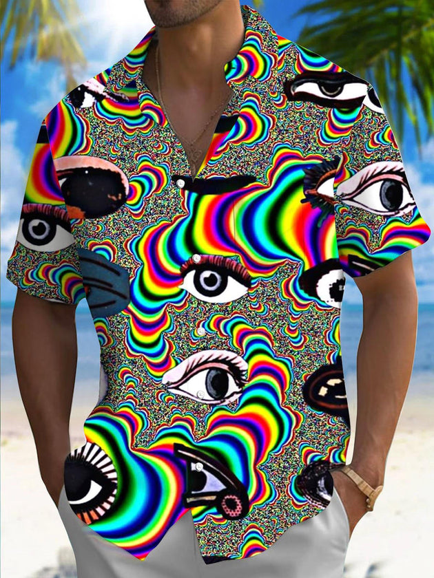 Men's abstract eyes art print short sleeve Hawaiian shirt front view for tropical beach vacation