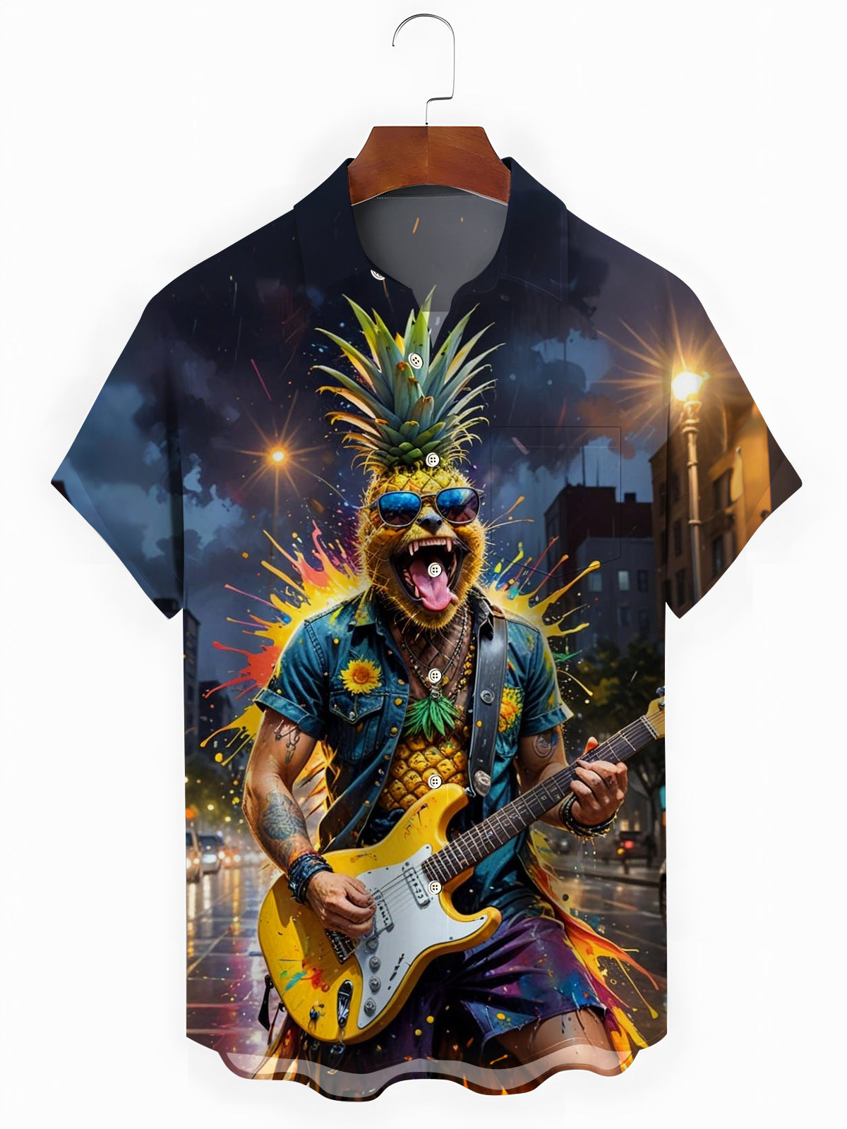 Rock Pineapple Art Print Men's Pocket Short Sleeve Shirts