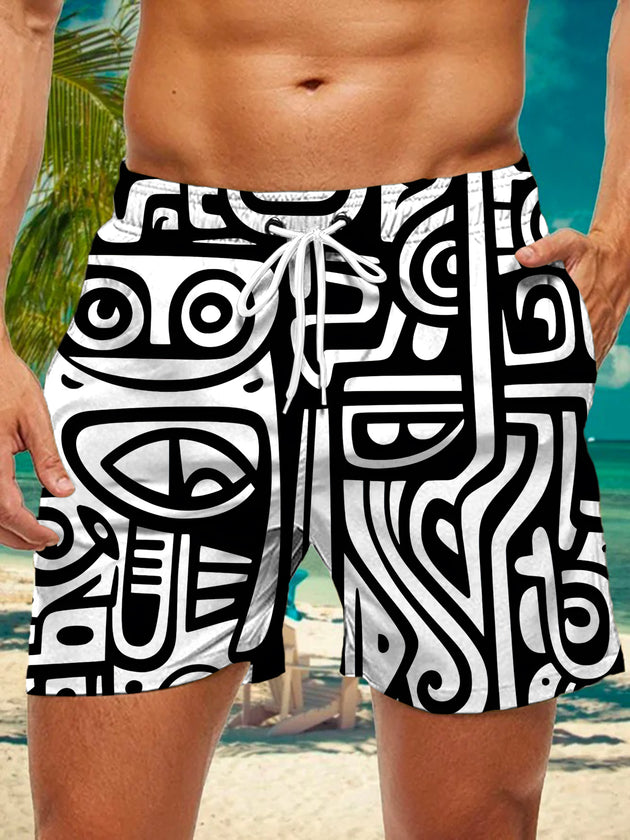 Men's art print casual pocket shorts front view