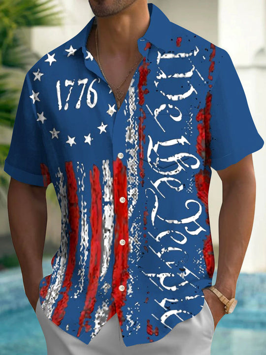 Men's American flag print short sleeve shirt front view for Independence Day
