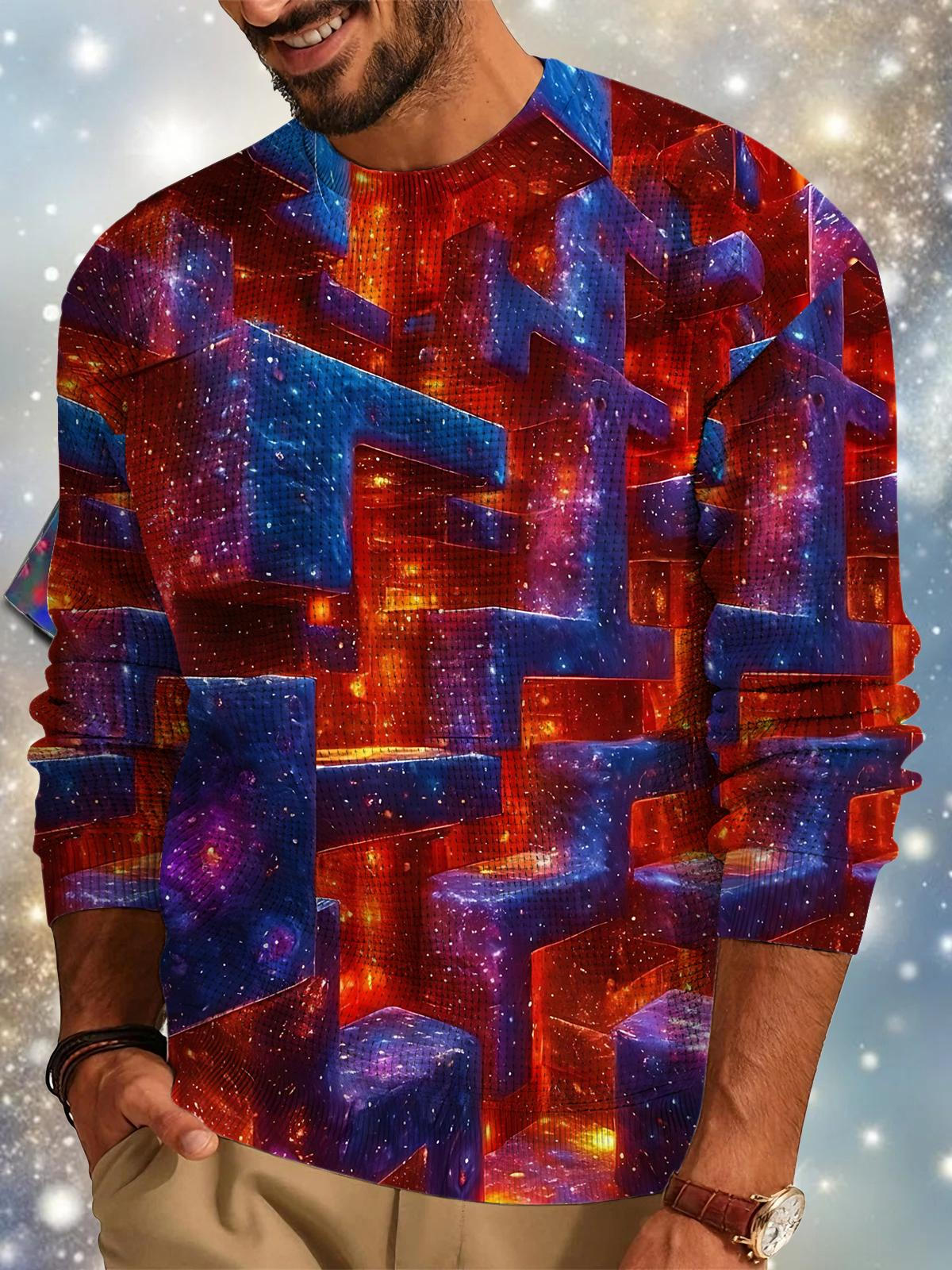 Geometric Print Men's Long Sleeve Round Neck Tops