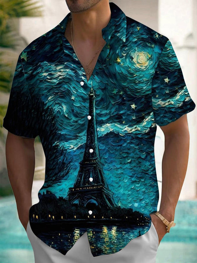 men's short sleeve shirt with Eiffel Tower starry night art pattern front view