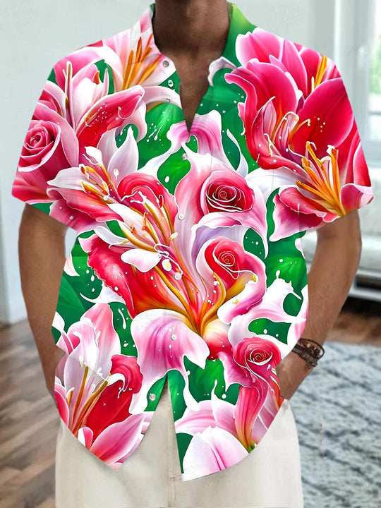Men's floral short sleeve Hawaiian shirt front view for tropical beach vacation