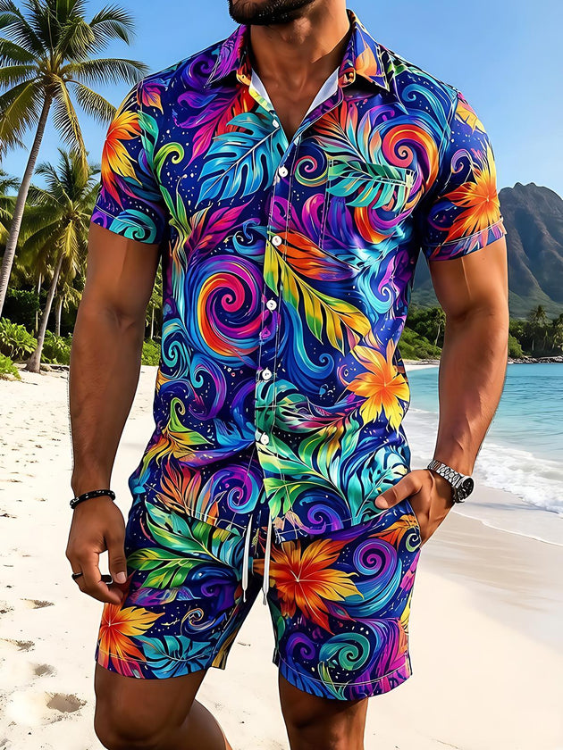 Hawaiian Psychedelic Neon Colorful Tropical Swirl Leaves Men's Short Sleeve Pocket Shirts And Shorts Set