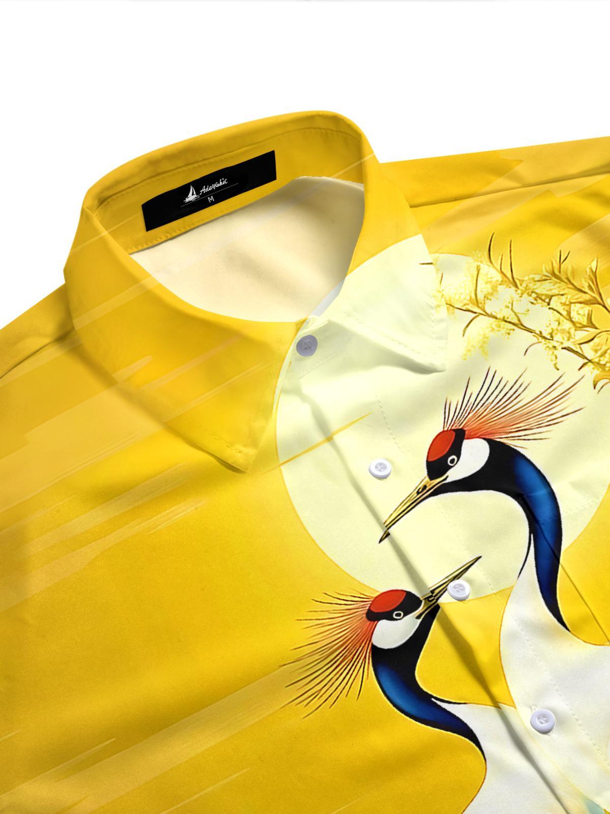 Red-Crowned Crane Sunset Men's Pocket Short Sleeve Shirts