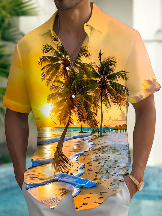 Men's blue Hawaiian short sleeve shirt front view for beach vacation