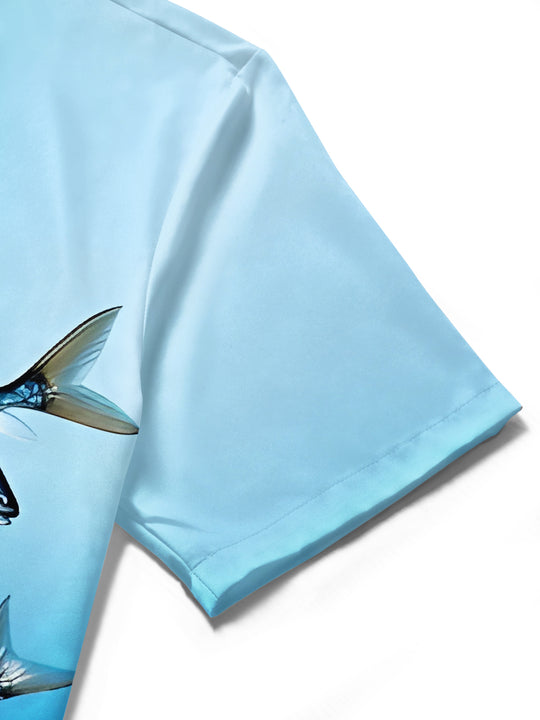 Men's fish print short sleeve shirt close-up detail view