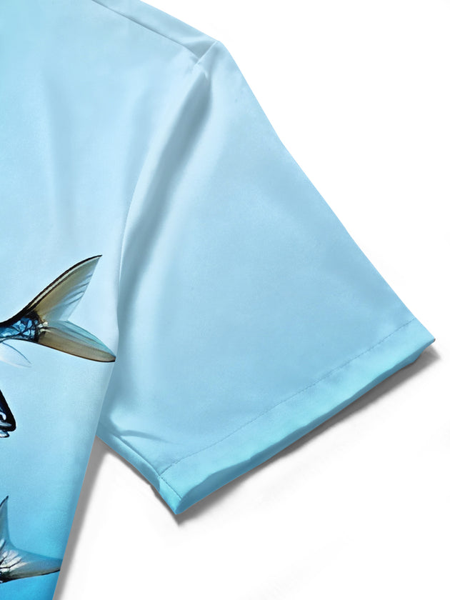 Men's fish print short sleeve shirt close-up detail view