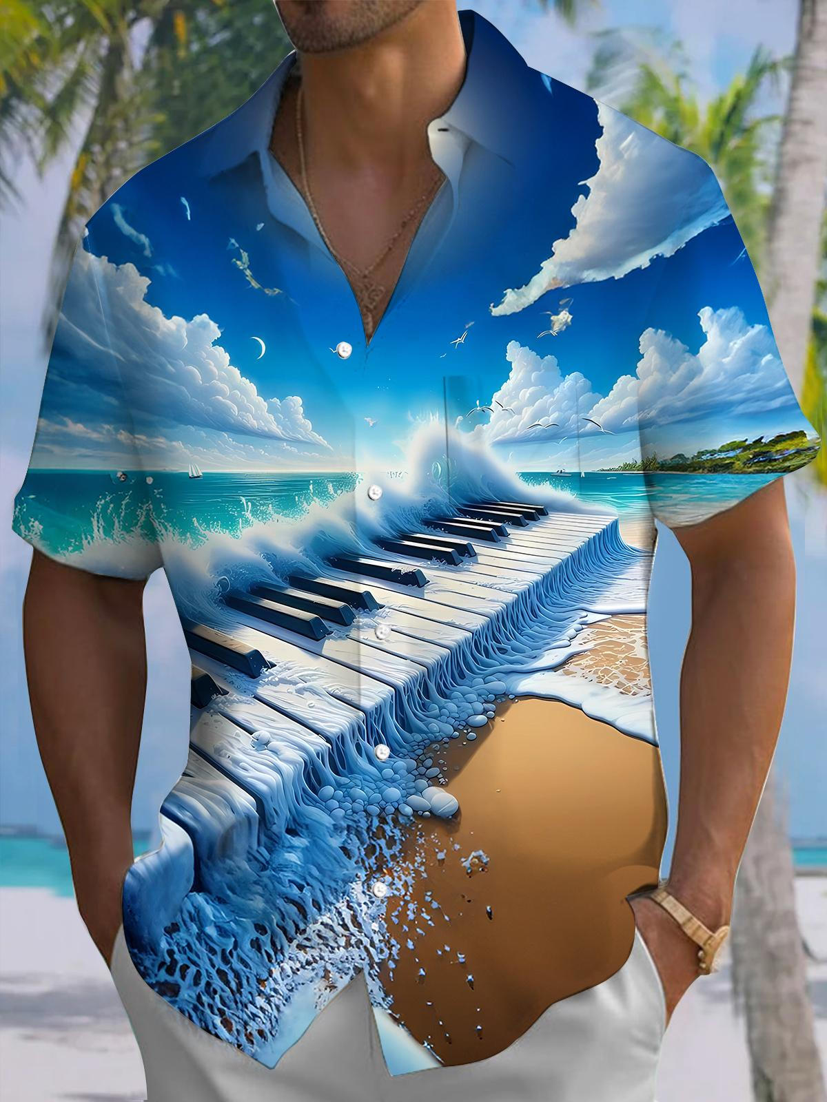 Sea Beach Piano Print Men's Pocket Short Sleeve Shirts