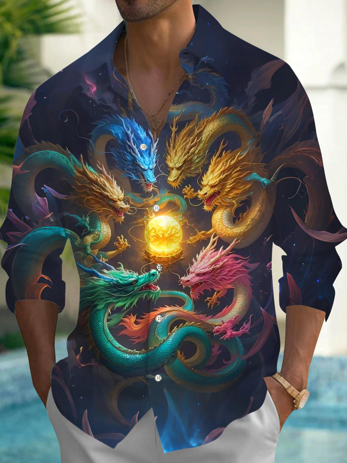 Dragon Print Men's Pocket Long Sleeve Shirts