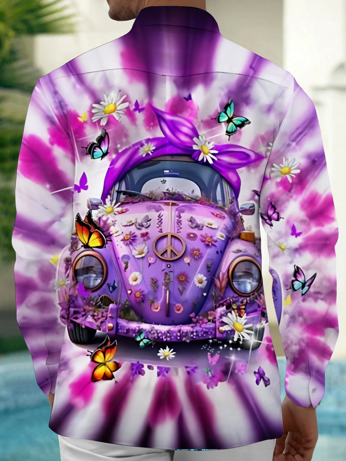 Hippie Car Tie Dye Print Men's Pocket Long Sleeve Shirts