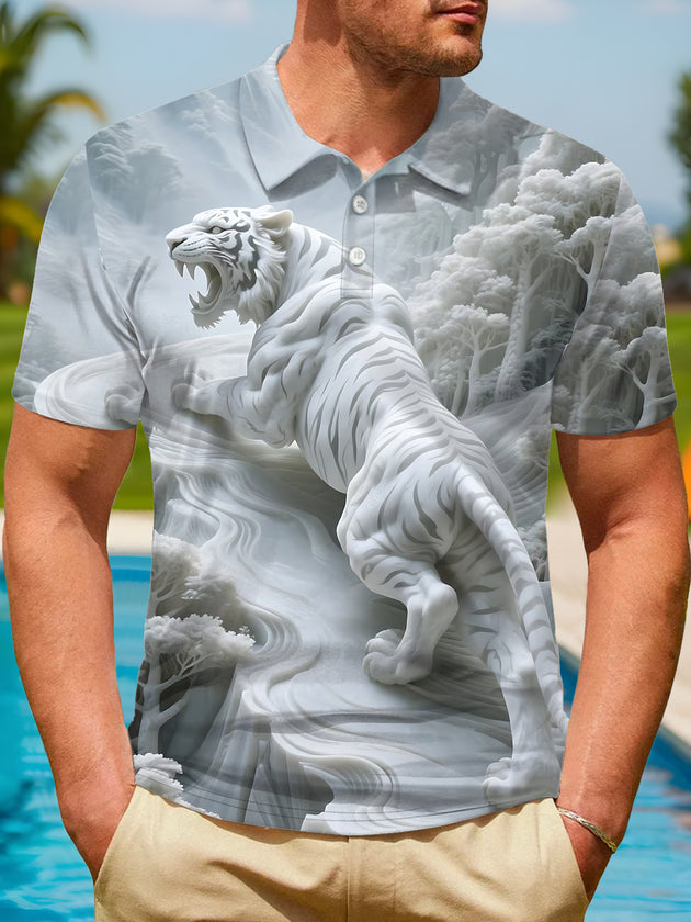 Men's forest tiger art print short sleeve button polo shirt front view