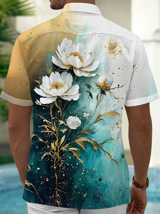 Men's blue floral short sleeve shirt back view