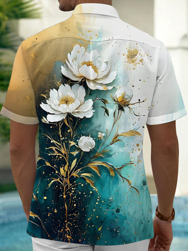 Men's blue floral short sleeve shirt back view