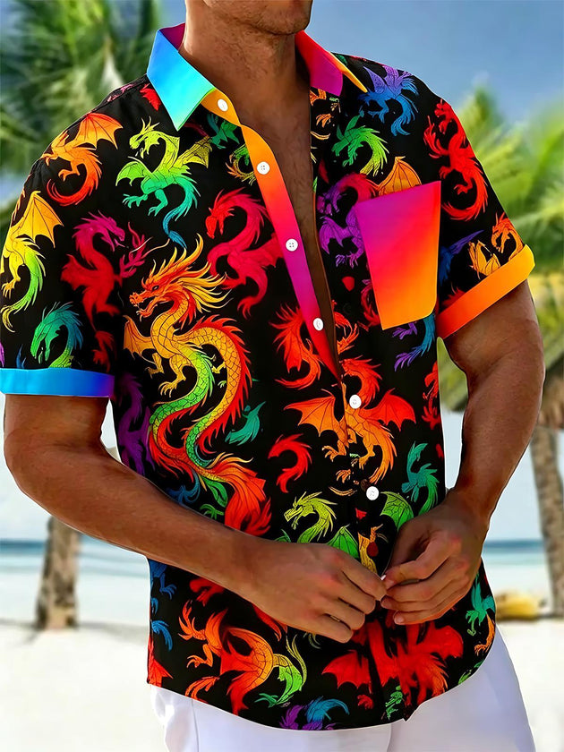 Pride Month Colorful Dragon Print Men's Pocket Short Sleeve Shirts