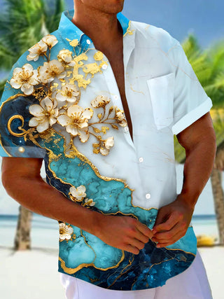 Men's Gold Floral Short Sleeve Shirt Front View