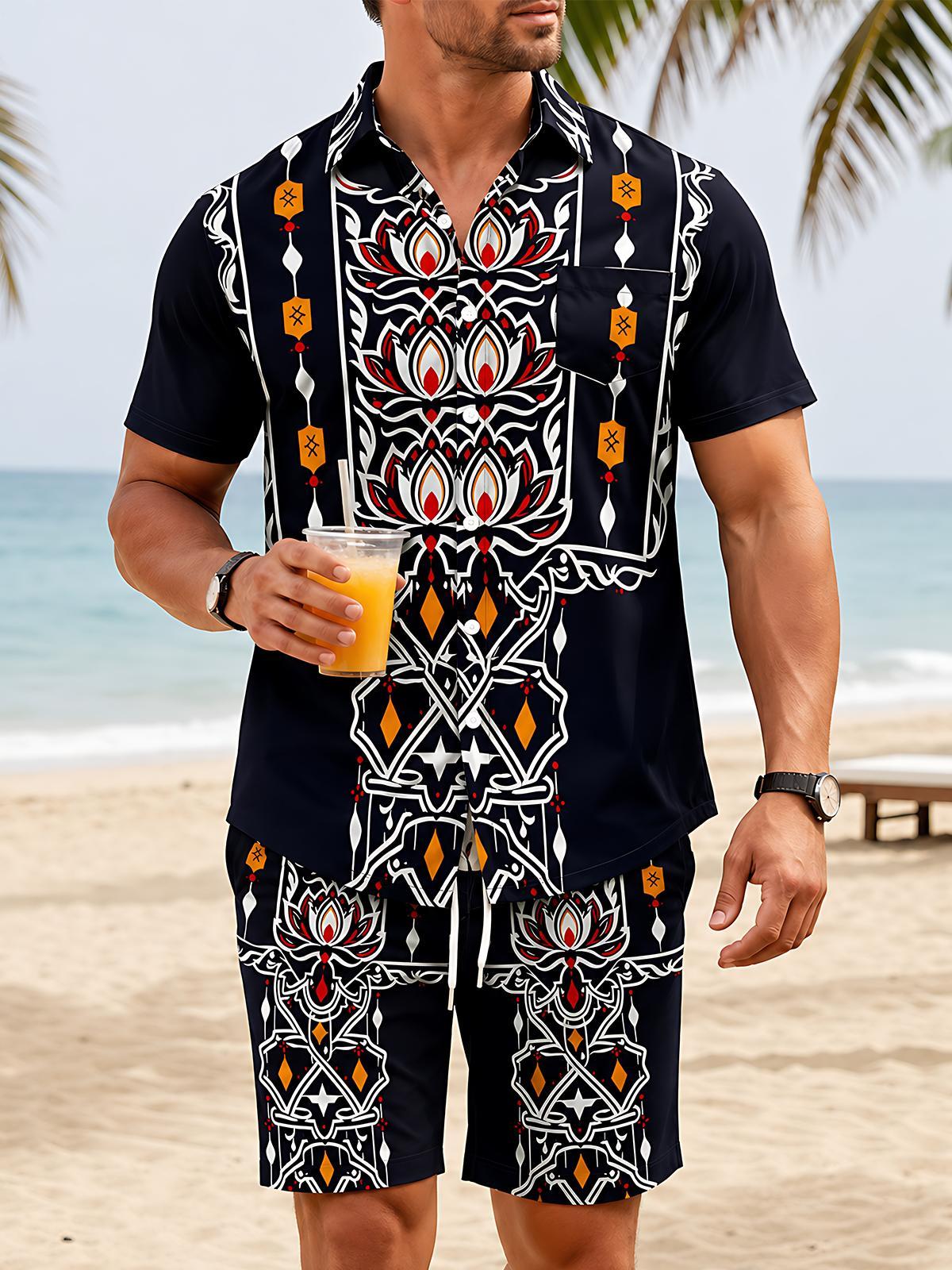 Bohemian Ethnic Totem Men's Short Sleeve Pocket Shirts And Shorts Set