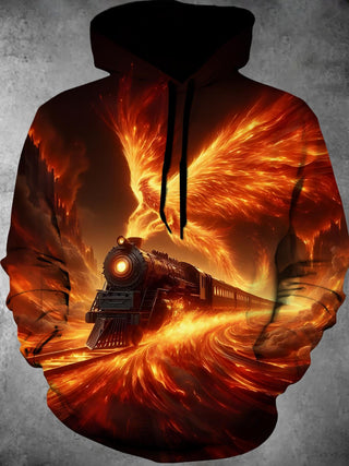 Men's black flame phoenix train print long sleeve pullover hoodie back view